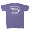 The back print of the same shirt with a white outline of Iowa and text inside that says, "IOWANS for DECENCY." Smaller text below reads "We Are The Heart of America. iowansfordecency.org