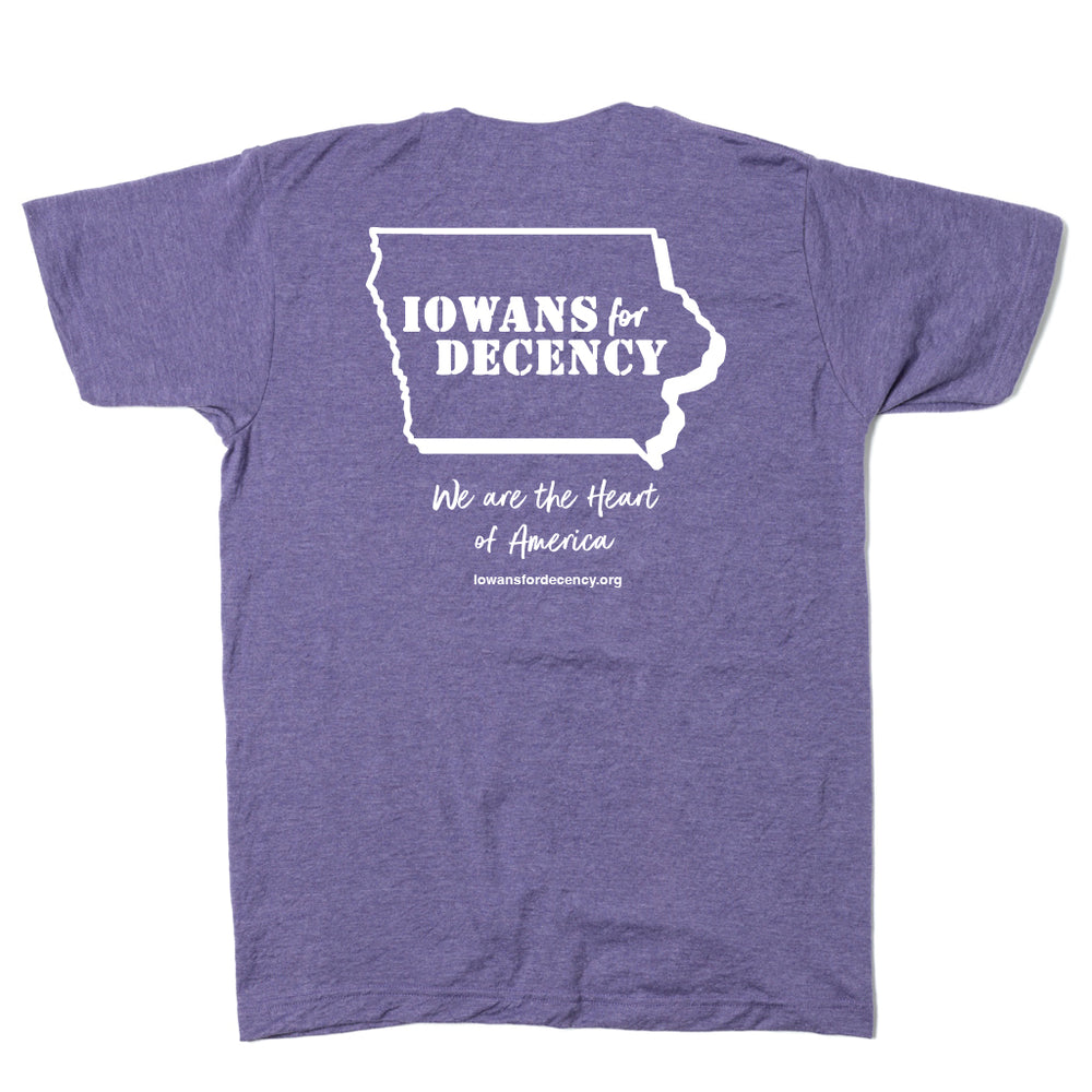The back print of the same shirt with a white outline of Iowa and text inside that says, "IOWANS for DECENCY." Smaller text below reads "We Are The Heart of America. iowansfordecency.org