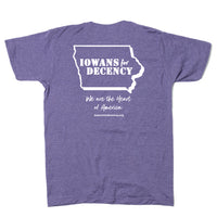 The back print of the same shirt with a white outline of Iowa and text inside that says, "IOWANS for DECENCY." Smaller text below reads "We Are The Heart of America. iowansfordecency.org