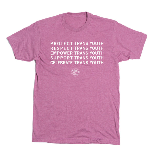 Heather cassis t-shirt with centered white ink text that says, 