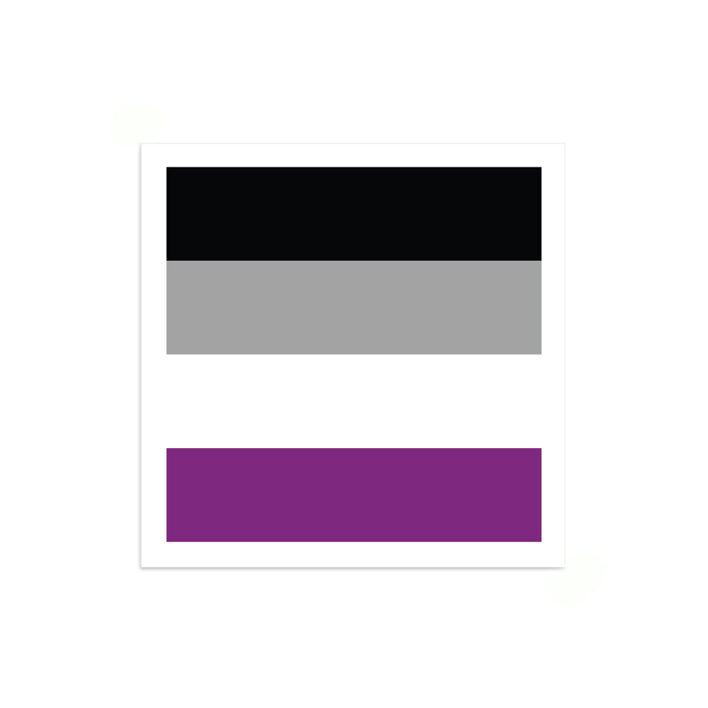 A vinyl sticker of the asexual pride flag consisting of horizontal stripes of black, gray, white, and purple.