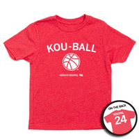 A youth-sized short sleeve heather red shirt with white ink that says, "KOU-BALL" above an illustration of a basketball. Smaller text below reads "ASHLYN KOUPAL" to the left of a small outline of Nebraska with the number 24 in it. The back print is laid out like a jersey with "KOUPAL" printed across the shoulders above the number 24.