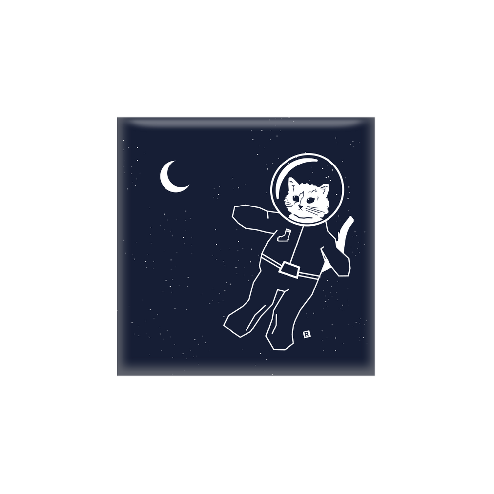 A square navy magnet with a white print illustration of a cat in a space suit floating in space beside a crescent moon.