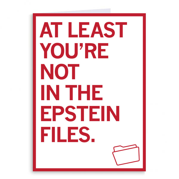 White greeting card with a red border and red text that reads 
