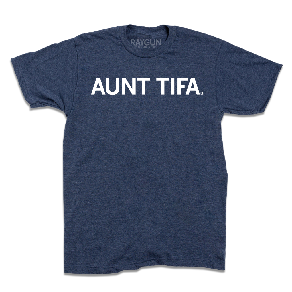 Heather navy shirt with white ink text that says, " Aunt Tifa"