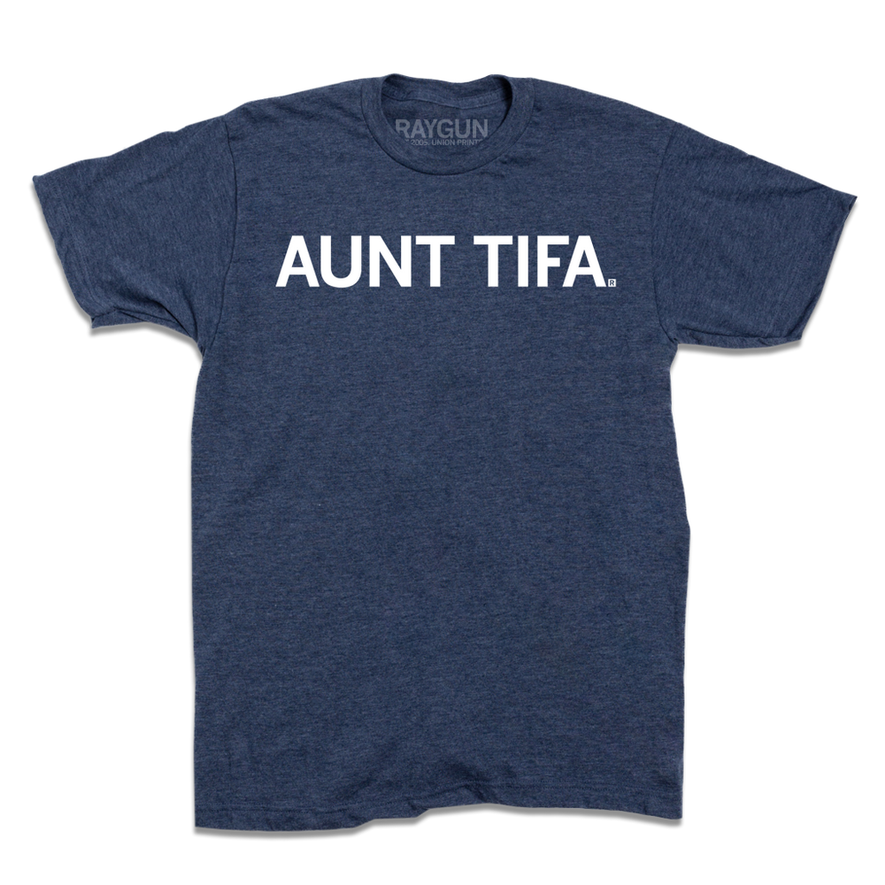 Heather navy shirt with white ink text that says, " Aunt Tifa"