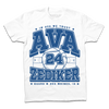 A white shirt with royal ink text that says, "In Ava We Trust. Ava Zediker. Guard. Des Moines, Iowa" over an image of a basketball court and a giant basketball in the center with the number 24 on it.
