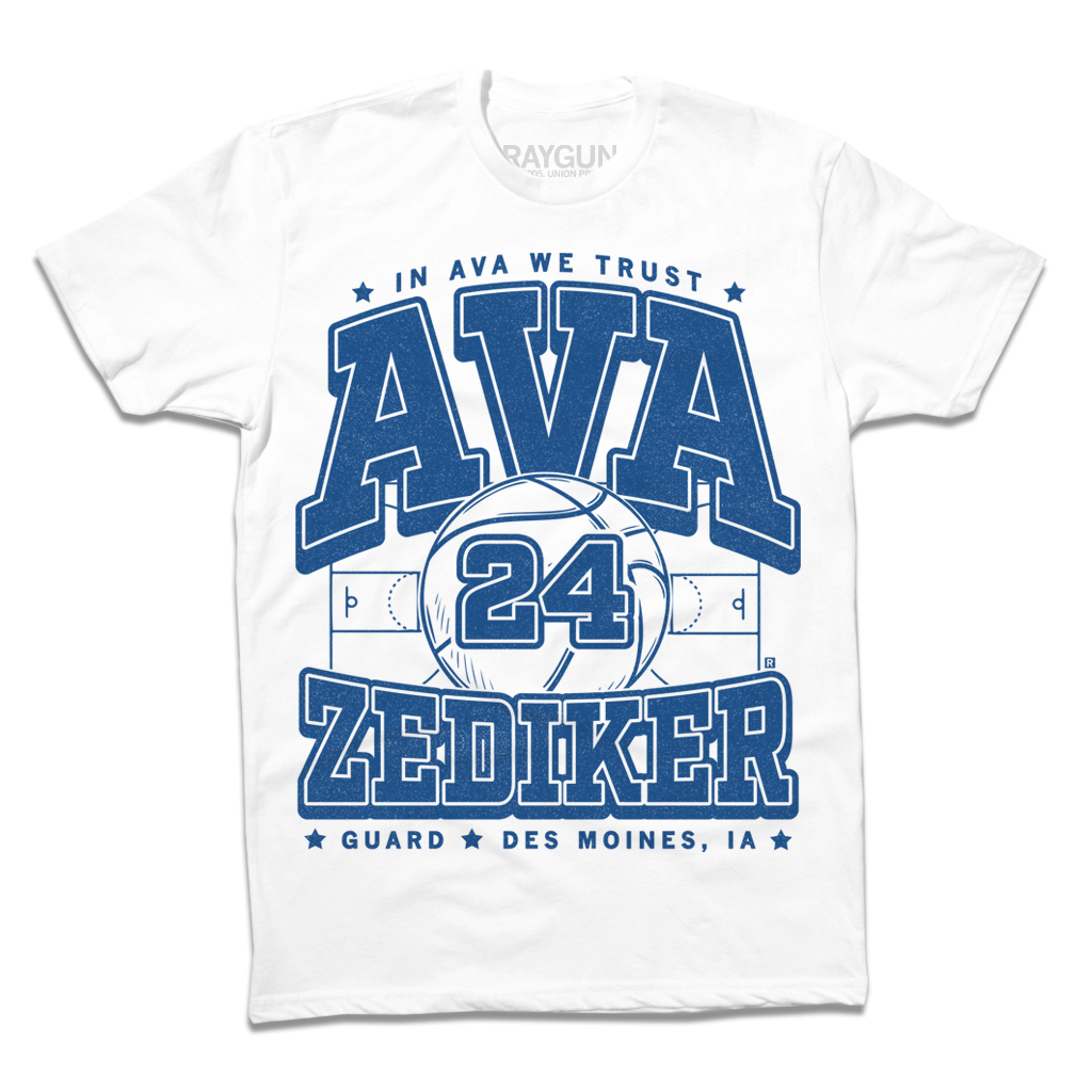 A white shirt with royal ink text that says, "In Ava We Trust. Ava Zediker. Guard. Des Moines, Iowa" over an image of a basketball court and a giant basketball in the center with the number 24 on it.