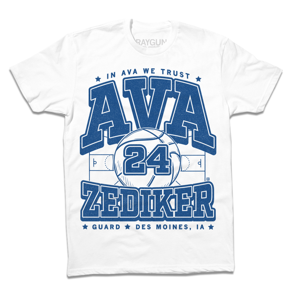 A white shirt with royal ink text that says, "In Ava We Trust. Ava Zediker. Guard. Des Moines, Iowa" over an image of a basketball court and a giant basketball in the center with the number 24 on it.