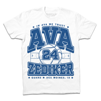 A white shirt with royal ink text that says, "In Ava We Trust. Ava Zediker. Guard. Des Moines, Iowa" over an image of a basketball court and a giant basketball in the center with the number 24 on it.