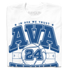 A folded white t- shirt with royal blue ink text that reads "In Ava We Trust. Ava Zediker. Guard. Des Moines, Iowa" over an image of a basketball court and a giant basketball in the center with the number 24 on it.