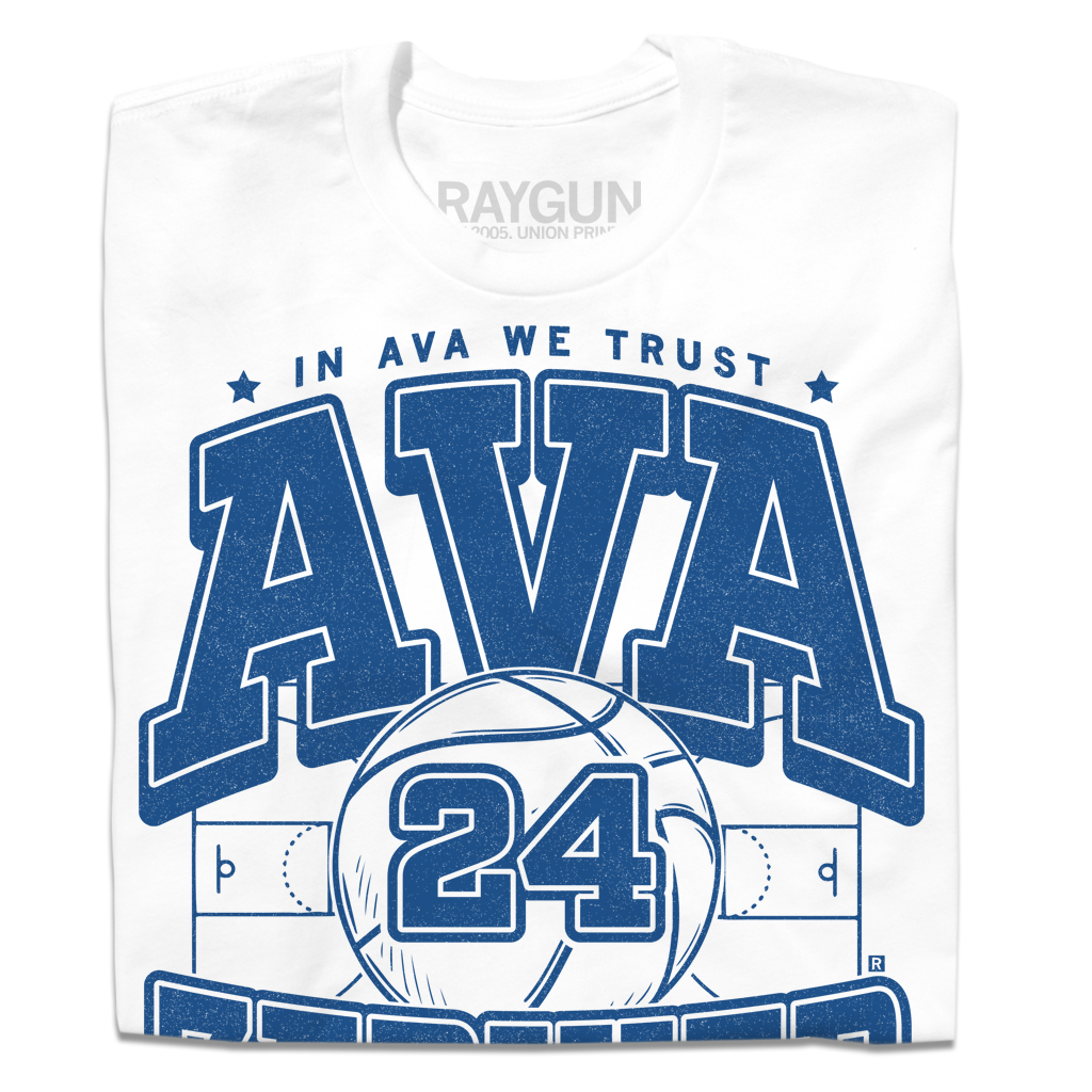 A folded white t- shirt with royal blue ink text that reads "In Ava We Trust. Ava Zediker. Guard. Des Moines, Iowa" over an image of a basketball court and a giant basketball in the center with the number 24 on it.