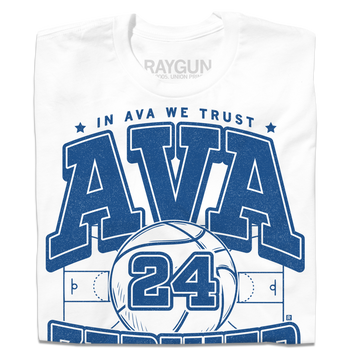 A folded white t- shirt with royal blue ink text that reads "In Ava We Trust. Ava Zediker. Guard. Des Moines, Iowa" over an image of a basketball court and a giant basketball in the center with the number 24 on it.