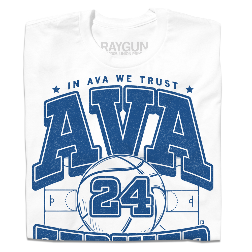 A folded white t- shirt with royal blue ink text that reads "In Ava We Trust. Ava Zediker. Guard. Des Moines, Iowa" over an image of a basketball court and a giant basketball in the center with the number 24 on it.