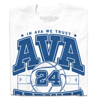 A folded white t- shirt with royal blue ink text that reads "In Ava We Trust. Ava Zediker. Guard. Des Moines, Iowa" over an image of a basketball court and a giant basketball in the center with the number 24 on it.