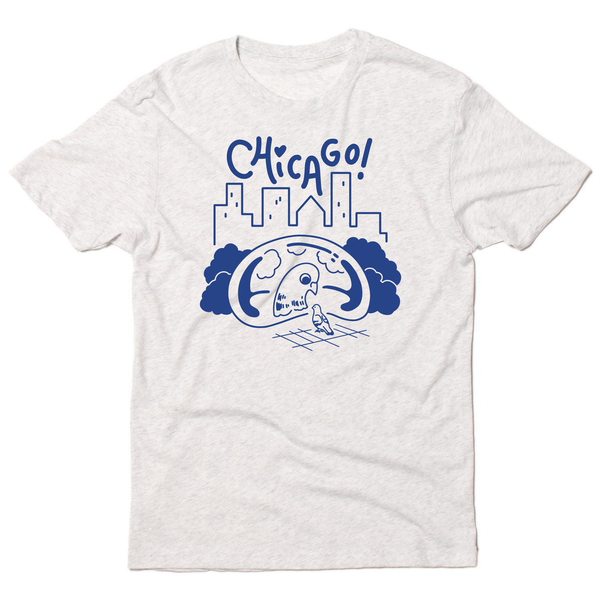 Short-sleeve heather white t-shirt with blue ink depicting a pigeon looking at its reflection in Cloud Gate with a skyline in the background and "Chicago" above.