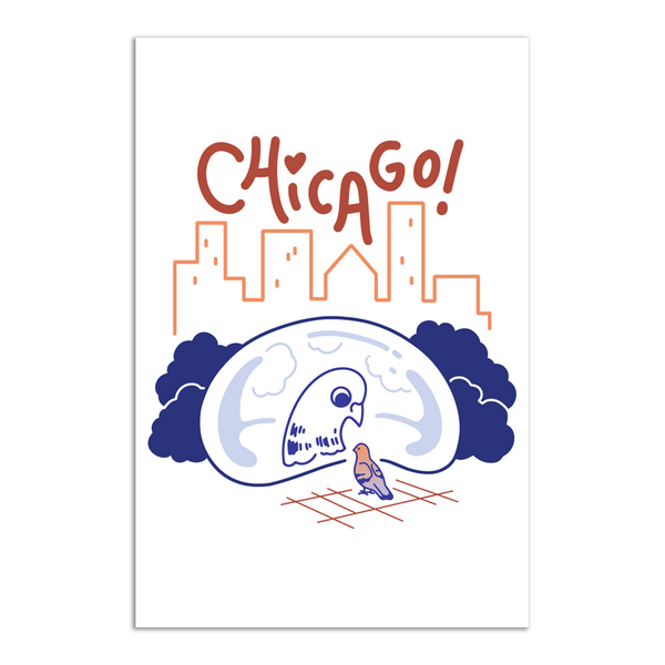 A white postcard with royal blue and red print depicting a pigeon looking at its reflection in Cloud Gate with a skyline in the background and 