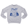 Athletic heather grey crew neck sweatshirt with blue ink depicting a pigeon looking at its reflection in Cloud Gate with a skyline in the background and "Chicago" above.