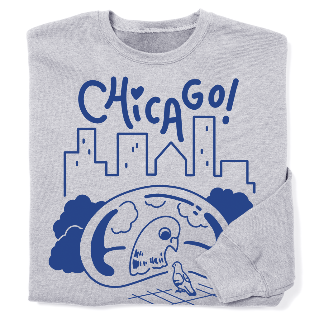 Folded heather grey crew neck sweatshirt with blue ink depicting a pigeon looking at its reflection in Cloud Gate with a skyline in the background and "Chicago" above.