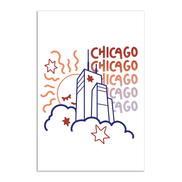 A white postcard with red and blue print depicting the Willis tower emerging from clouds with the sun behind it and 