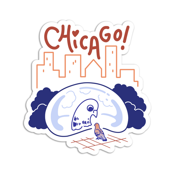 A white die-cut sticker with royal blue and red print depicting a pigeon looking at its reflection in Cloud Gate with a skyline in the background and 