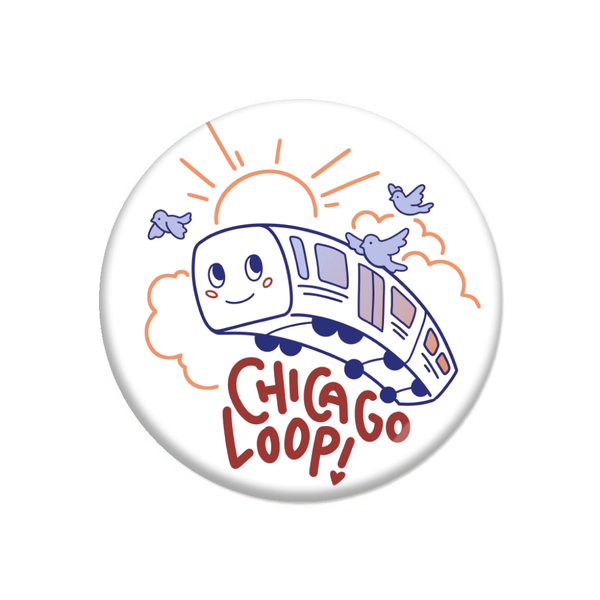A white circular button with red and blue print depicting an L Train with a smiley face flying through the sky beside three pigeons. Text below reads 