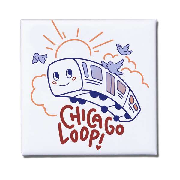 A white square magnet with red and blue print depicting an L Train with a smiley face flying through the sky beside three pigeons. Text below reads 
