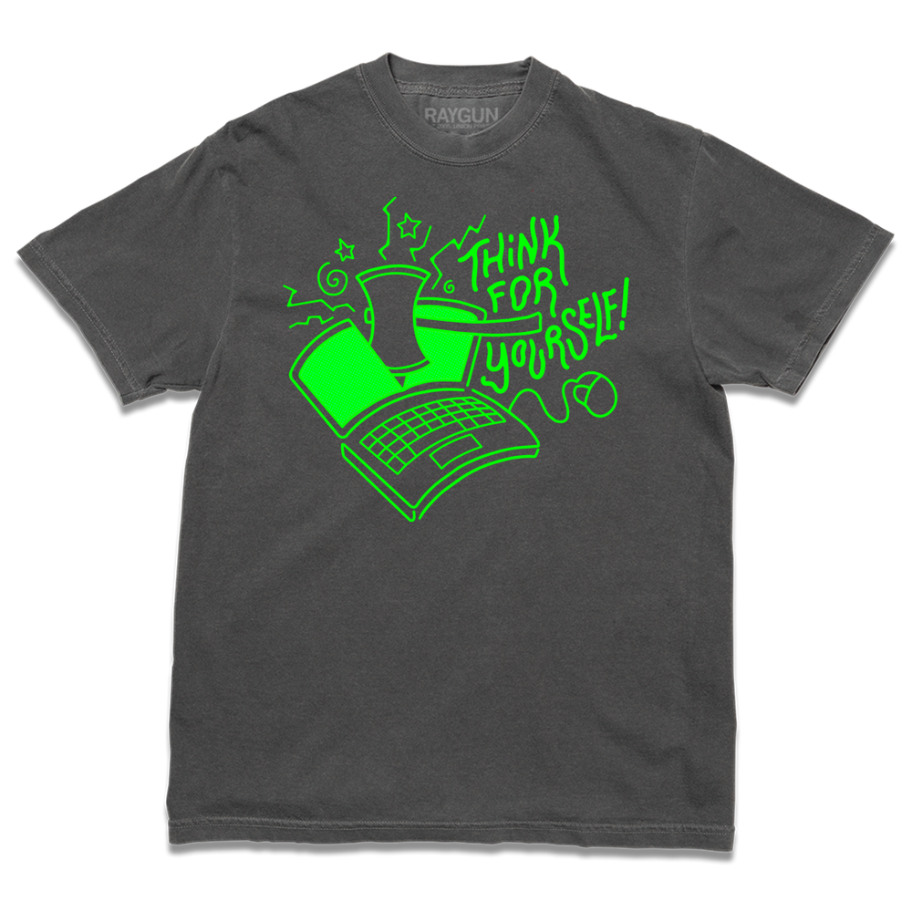 Short sleeve comfort colors heavyweight grey t-shirt with a bright green ink illustration of a laptop being cut in half by an axe and text to the right that says, "Think For Yourself!"