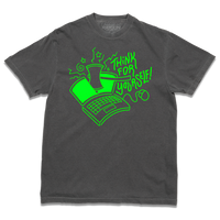 Short sleeve comfort colors heavyweight grey t-shirt with a bright green ink illustration of a laptop being cut in half by an axe and text to the right that says, "Think For Yourself!"