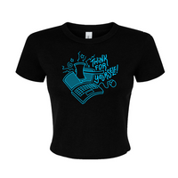 A black baby tee style t-shirt with bright blue ink print of a laptop being cut in half by an axe with text to the right that says, "Think For Yourself!"