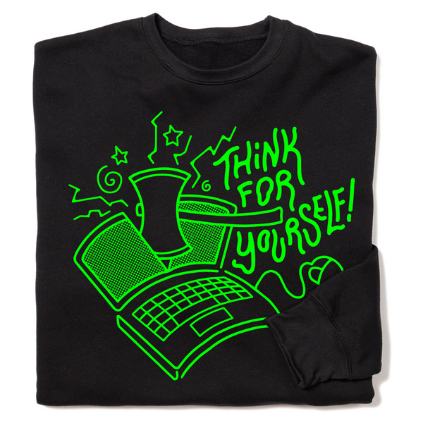 Folded black crew sweatshirt with bright green ink depicting a laptop screen being cut in half with and axe and text to the right that says, 