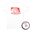 White Big Red Rain t-shirt featuring a red Nebraska outline with a basketball graphic, the text BIG RED RAIN, and Britt Prince 23. An inset shows the back of the shirt, which displays PRINCE 23.