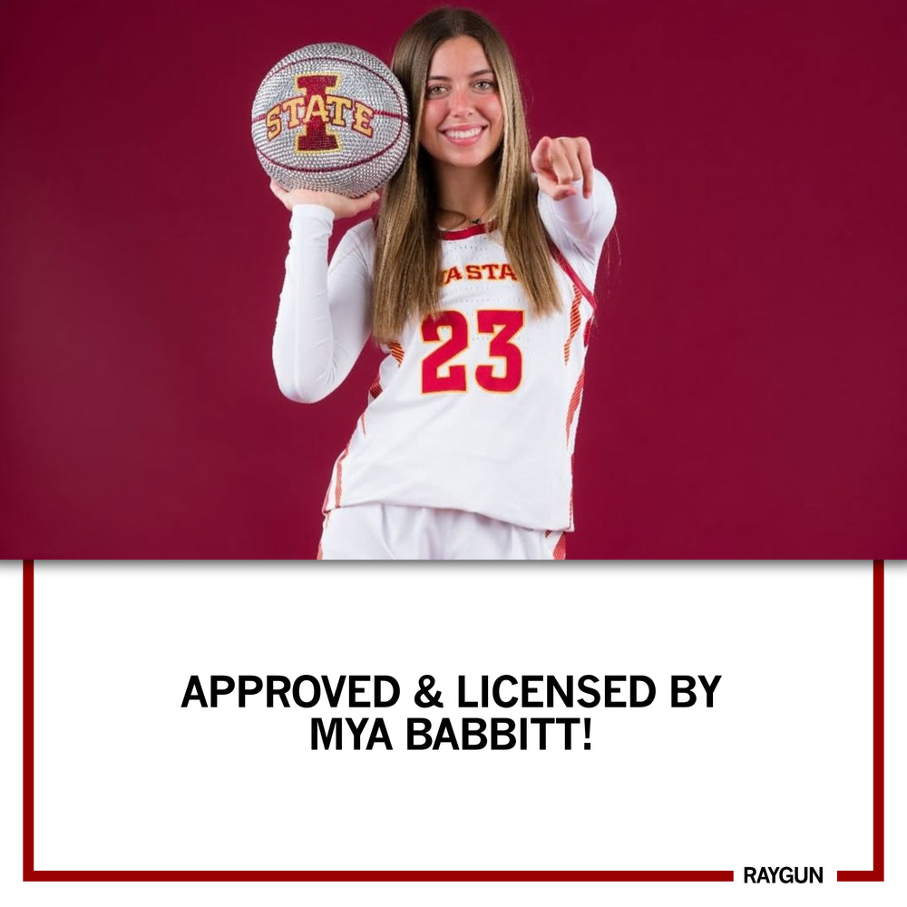 A picture of My Babbitt holding a sparkling Iowa State basketball and pointing toward the camera. Text below says, "APPROVED & LICENSED BY MYA BABBITT!"