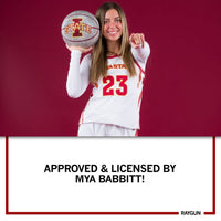 A picture of My Babbitt holding a sparkling Iowa State basketball and pointing toward the camera. Text below says, "APPROVED & LICENSED BY MYA BABBITT!"