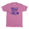 Heather cassis RAYGUN t-shirt with BALLS DEEP printed above an illustration of four yarn balls.