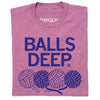 Heathered cassis purple RAYGUN t-shirt with the text BALLS DEEP in blue above an illustration of four balls of yarn.