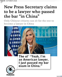 Promo image with headline "New Press Secretary claims to be a lawyer who passed the bar "in China." Only Chinese citizens can sit for the test to become a lawyer in China." Pancake the Dog comments below "The ol' "Yeah, I'm an American lawyer, I just passed my bar exam in China.""