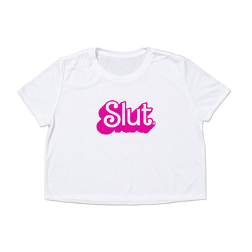 White, union-made cropped t-shirt with the word Slut printed in pink bubble-style lettering on the chest.