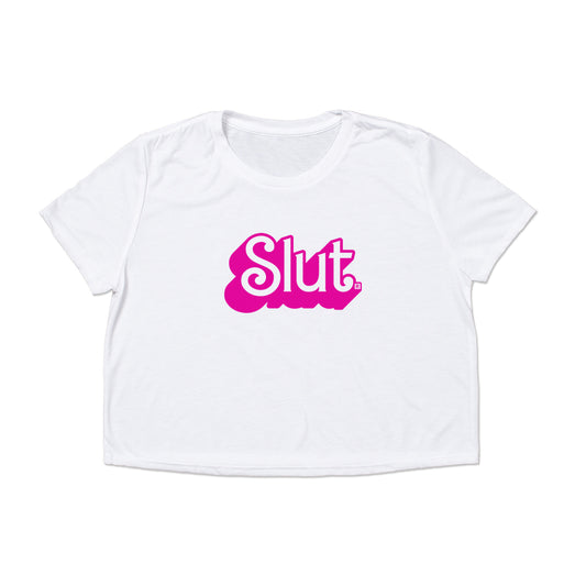 White, union-made cropped t-shirt with the word Slut printed in pink bubble-style lettering on the chest.