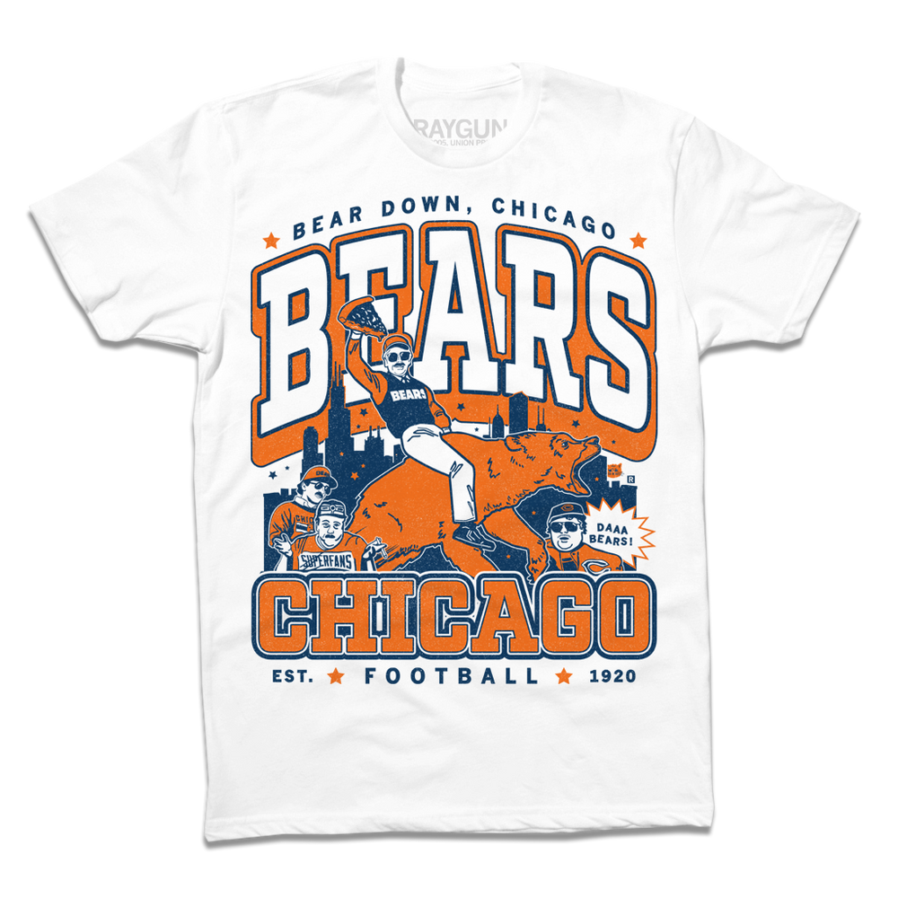 White t-shirt with a large orange & navy text that reads "Bear down, Chicago. Bears. Chicago. Est football 1920" over a graphic of a superfan holding a slice of deep dish pizza while riding a bear.