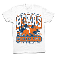 White t-shirt with a large orange & navy text that reads "Bear down, Chicago. Bears. Chicago. Est football 1920" over a graphic of a superfan holding a slice of deep dish pizza while riding a bear.