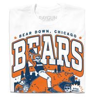 White t-shirt with a large orange & navy graphic. of the SNL superfans riding a bear in front of the Chicago skyline. 