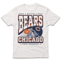 Short-sleeve heather white t-shirt with a vintage style print in orange and navy ink. Text from top to bottom reads "Good, Better, Best. Bears. Since 1920. Chicago. Pope Approved." There's a football helmet over a football field in the center.