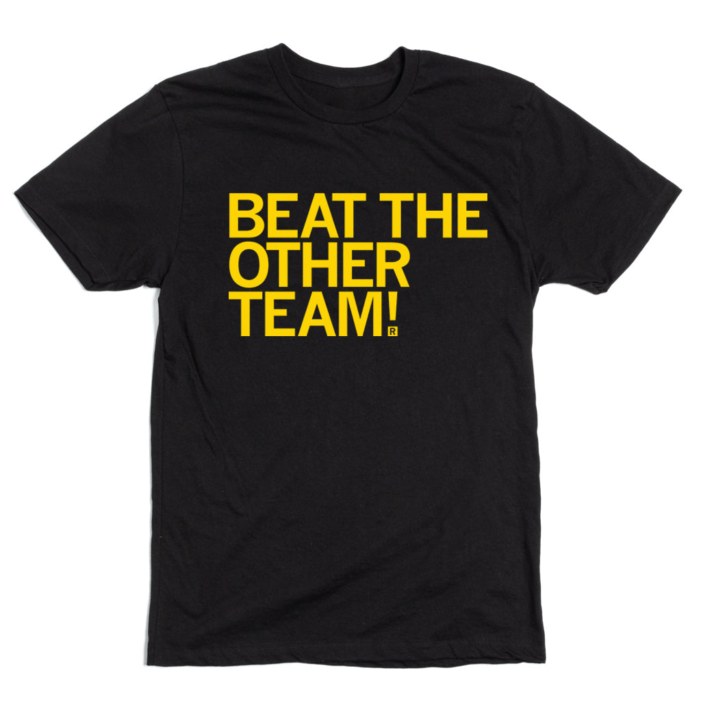 A black RAYGUN t-shirt with the text BEAT THE OTHER TEAM! in yellow capital letters.