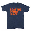Navy blue, union made RAYGUN t-shirt with orange text that reads BEAT THE OTHER TEAM!.