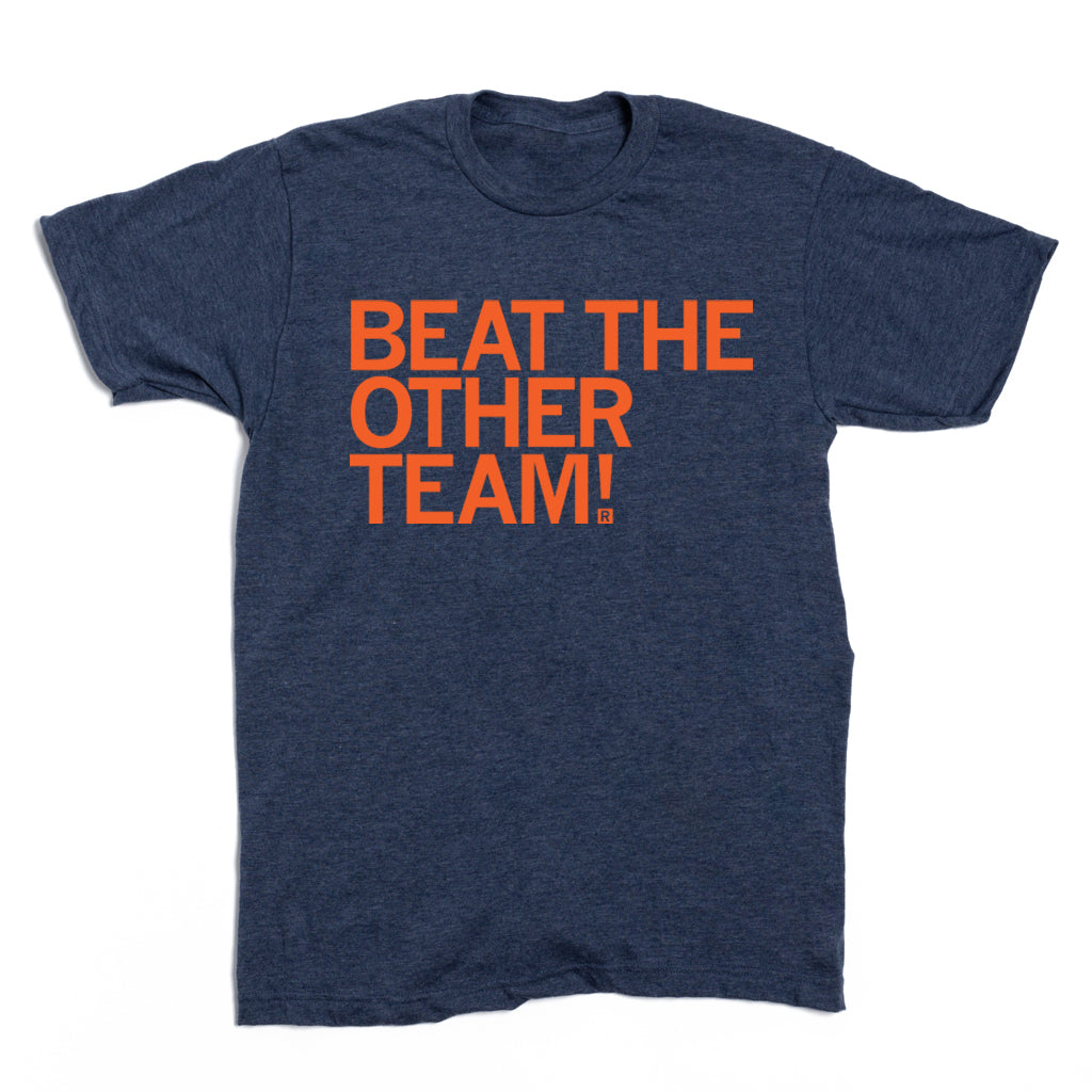 Navy blue, union made RAYGUN t-shirt with orange text that reads BEAT THE OTHER TEAM!.