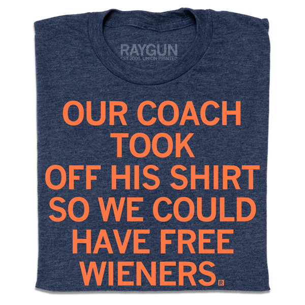 A folded heather navy t-shirt with orange print text that says, 