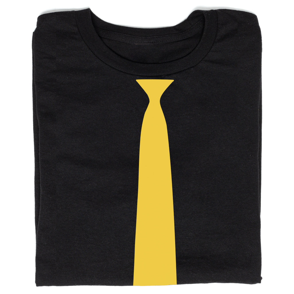 A black RAYGUN T-shirt with a gold tie graphic printed down the center.