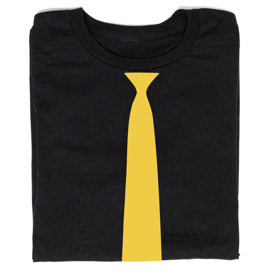 A black RAYGUN T-shirt with a gold tie graphic printed down the center.