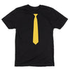 Black RAYGUN t-shirt with a gold tie printed on the front.